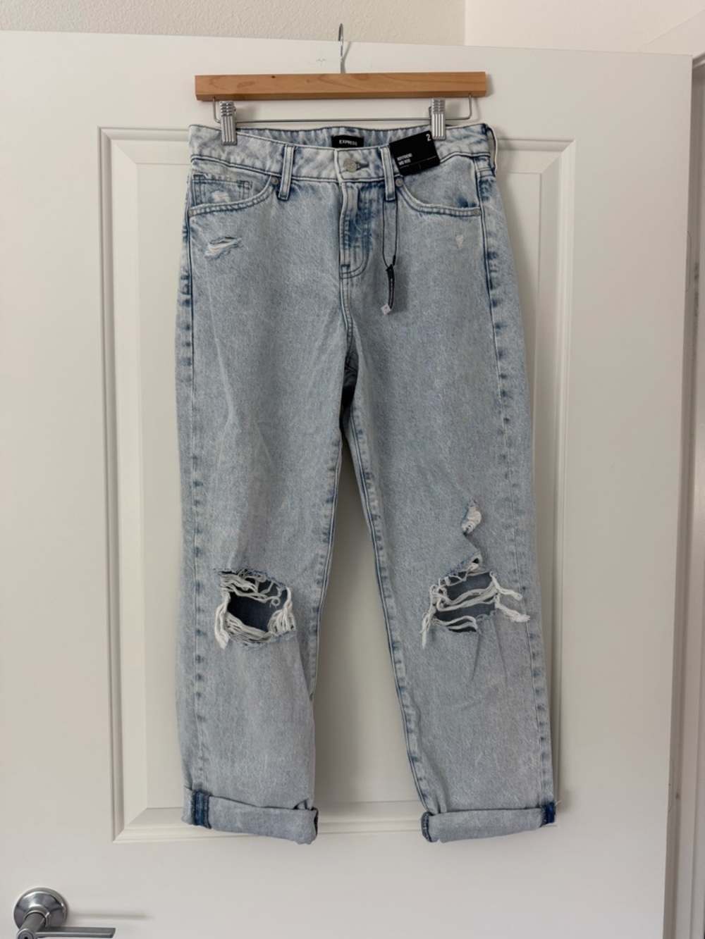 Express Light Blue Distressed Boyfriend Mid-Rise Jeans